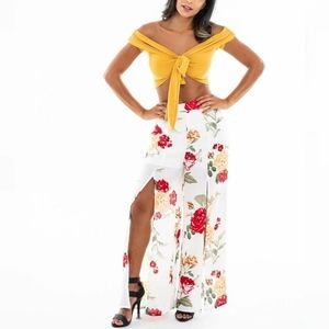 Yellow Top and Mesh Floral White Pants